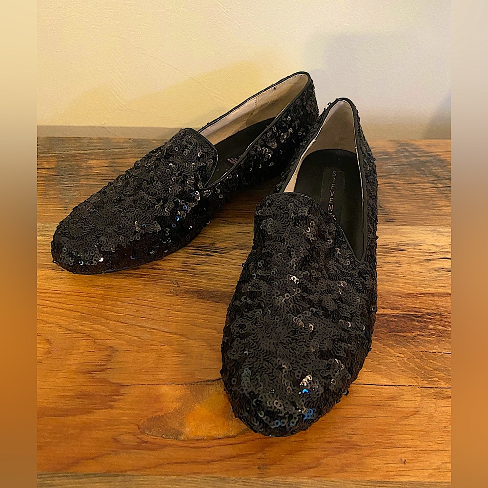 Steven by Steve Madden Black Sequin Leather Loafers